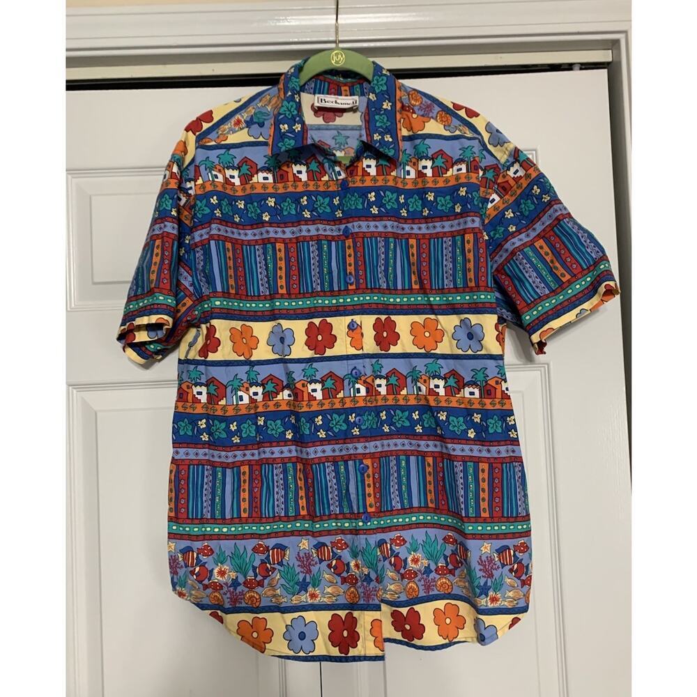 Vintage Bechamel Colorful Fun Tropical Flowers Fish Boho Button Up Shirt Top L